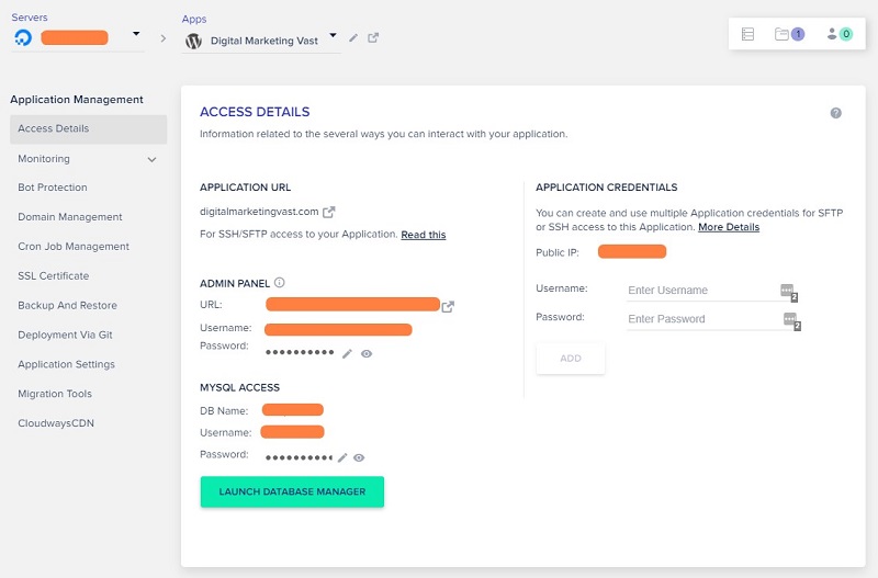 Cloudways application access details